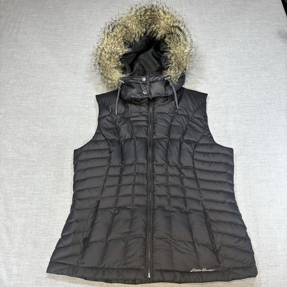 Puffer Vest DOWN FILL Eddie Bauer Medium Black Quilted Faux Fur Hooded Zip Up
